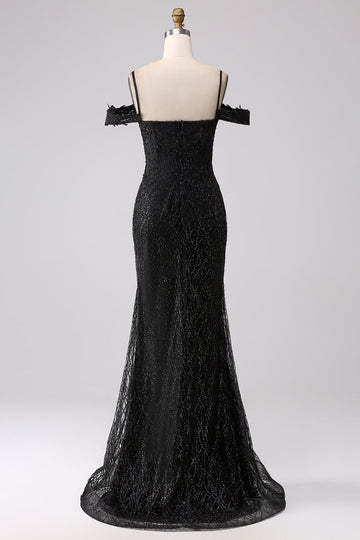 Black Mermaid Cold Shoulder Long Ball Dress with Slit